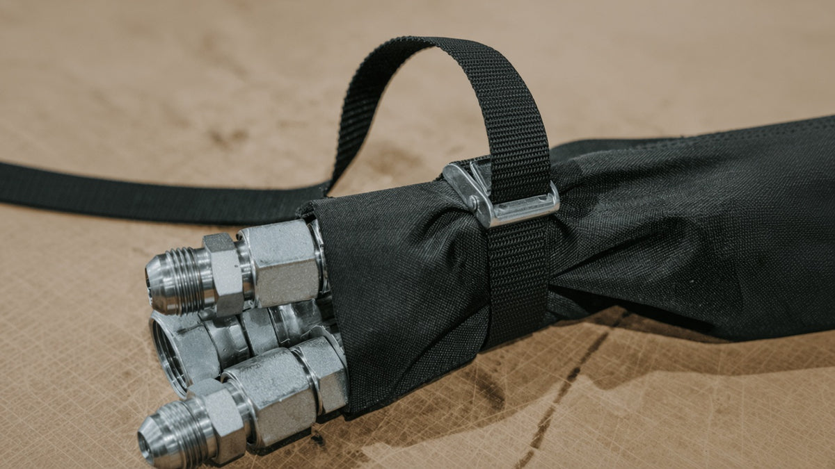 Black hose bundling strap with metal buckle around a protective sleeve