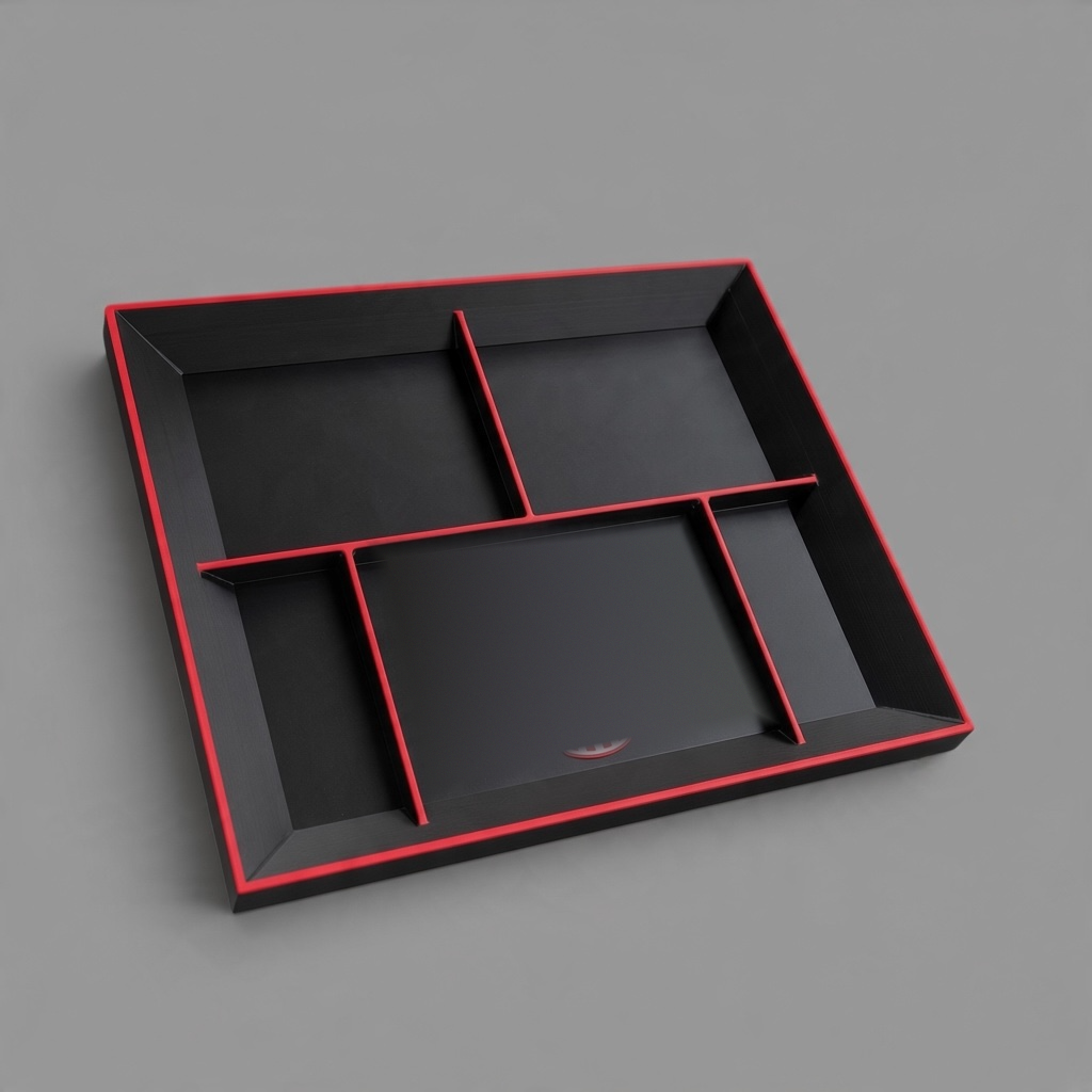 Black and red 3D printed drop tray, angled view of the five compartments