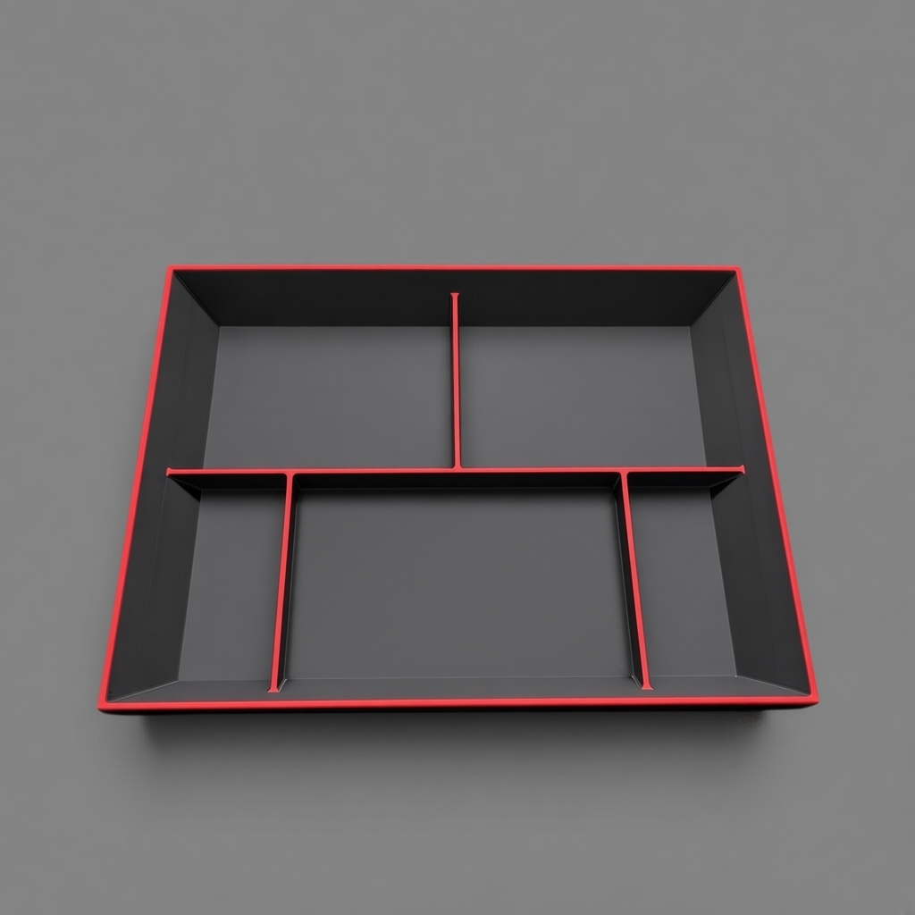 3D printed 5 compartment drop tray in black and red, for keys, wallet and phone