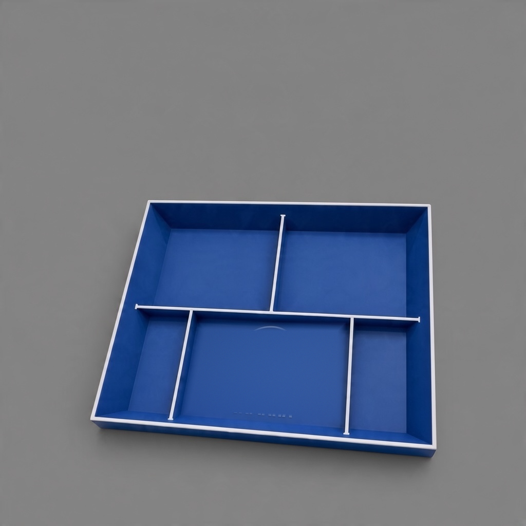 3D printed 5 compartment drop tray in blue and white, for keys, wallet and phone