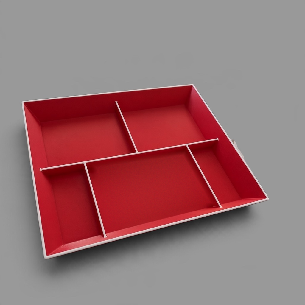 Red and white 3D printed drop tray, angled view of the five compartments