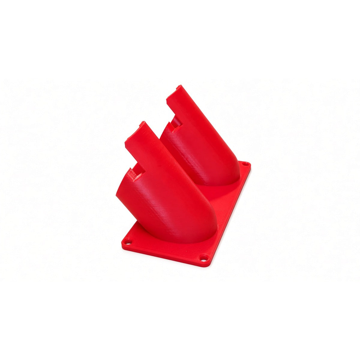 Red 3D printed double battery holder to suit Milwaukee M12, side view