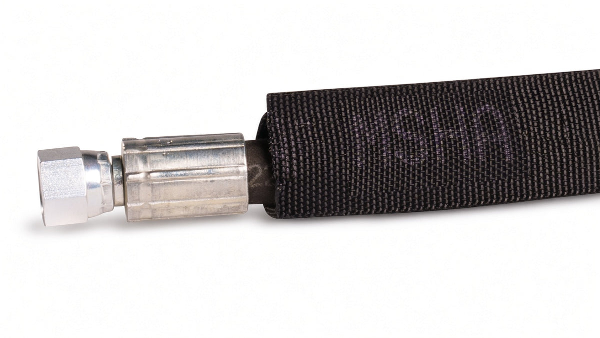 Hydraulic hose fitted with black MSHA fabric safe sleeve